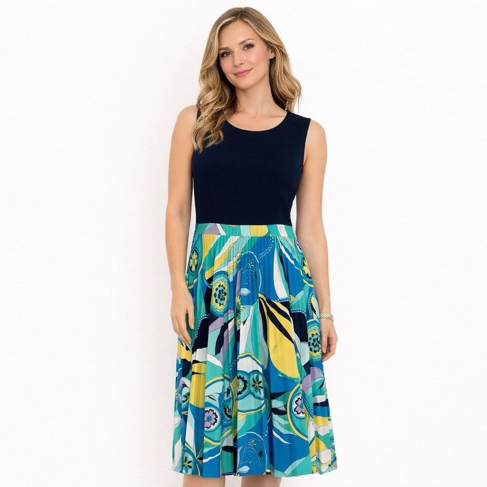 Donna Morgan Dress Black Turquoise Print Sleeveless Pleated Skirt Size 6
